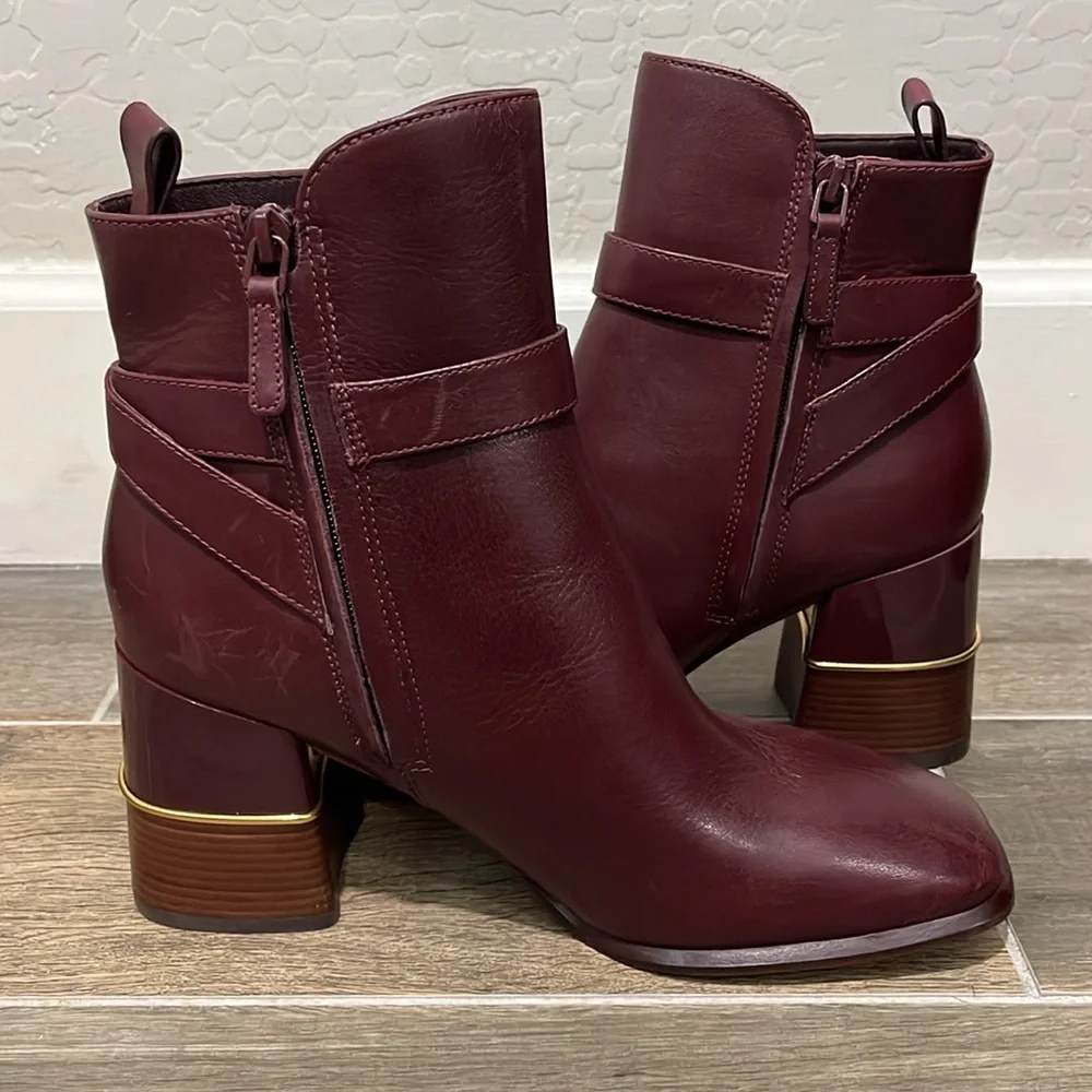 NEW Tory Burch Multi Logo Buckle Leather Heeled Boot in Claret Size 9.5